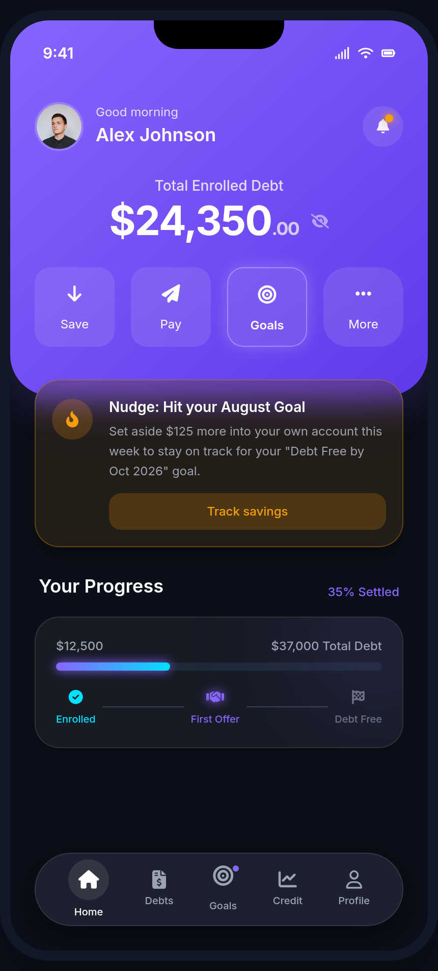 The Settle app dashboard, showing a projected debt-free date and account snapshot